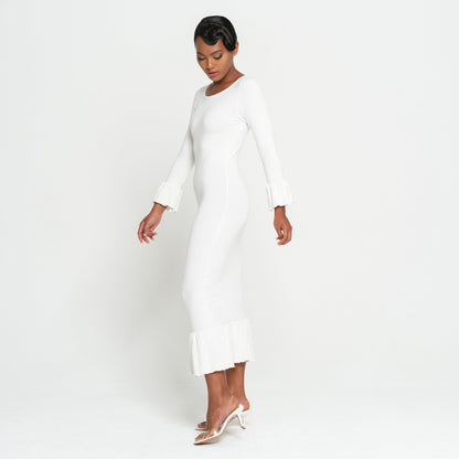 MARJORIE Bamboo Ruffle Dress in Off-White