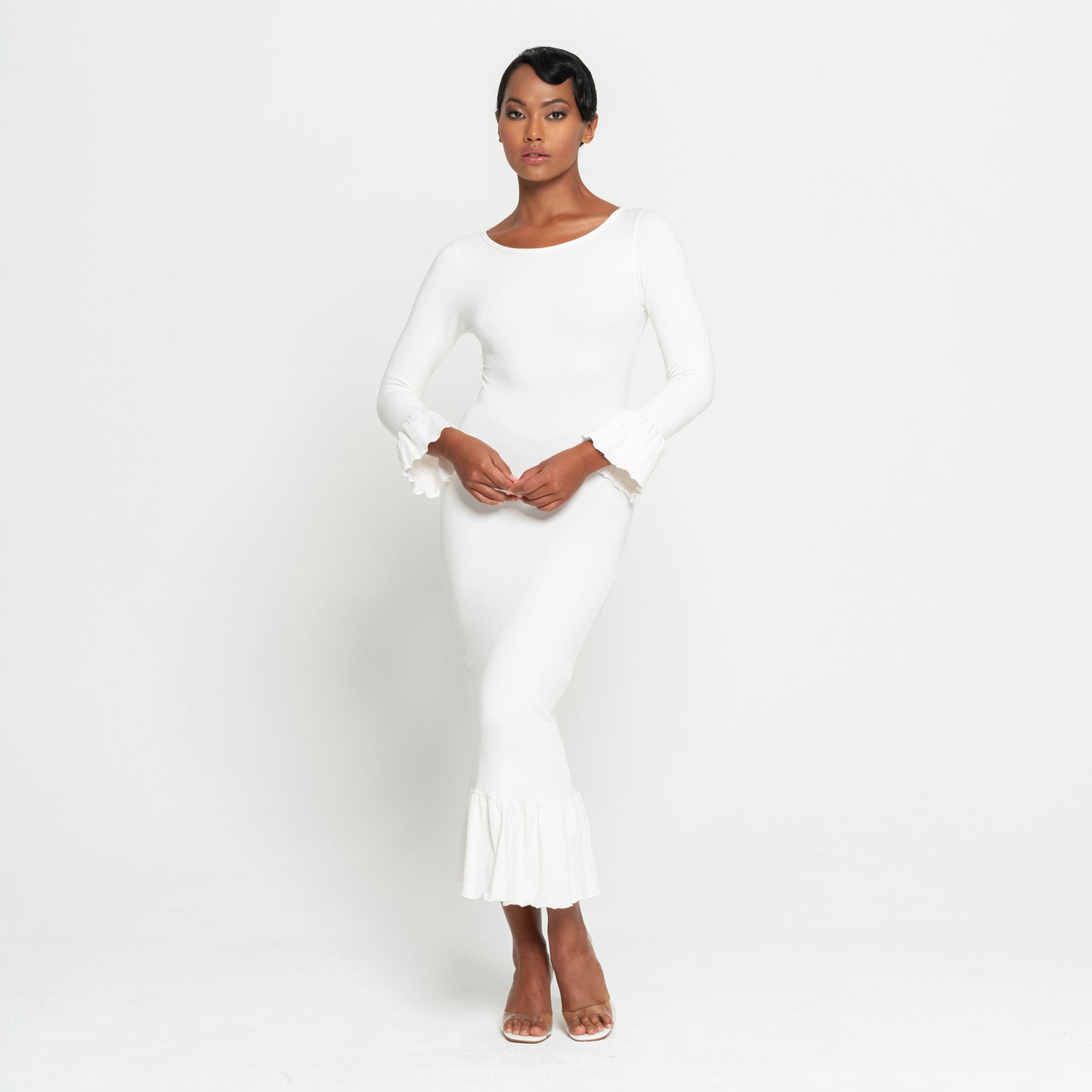 MARJORIE Bamboo Ruffle Dress in Off-White