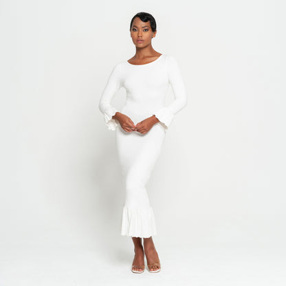 MARJORIE Bamboo Ruffle Dress in Off-White