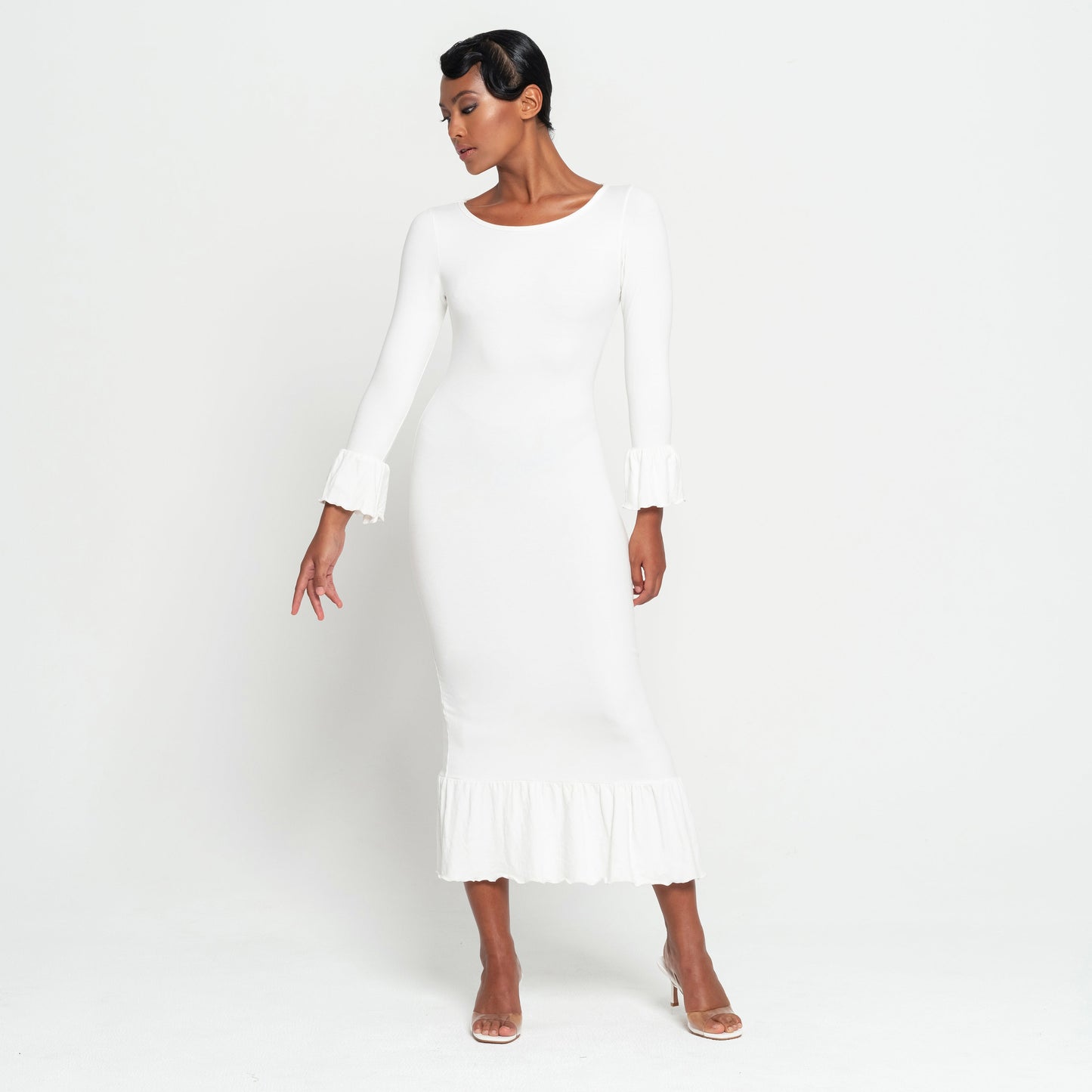 MARJORIE Bamboo Ruffle Dress in Off-White