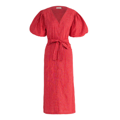 MEGHAN Gingham Hemp Midi Dress in Scarlet Red