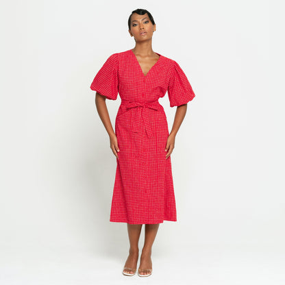 MEGHAN Gingham Hemp Midi Dress in Scarlet Red
