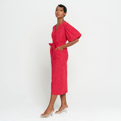 MEGHAN Gingham Hemp Midi Dress in Scarlet Red
