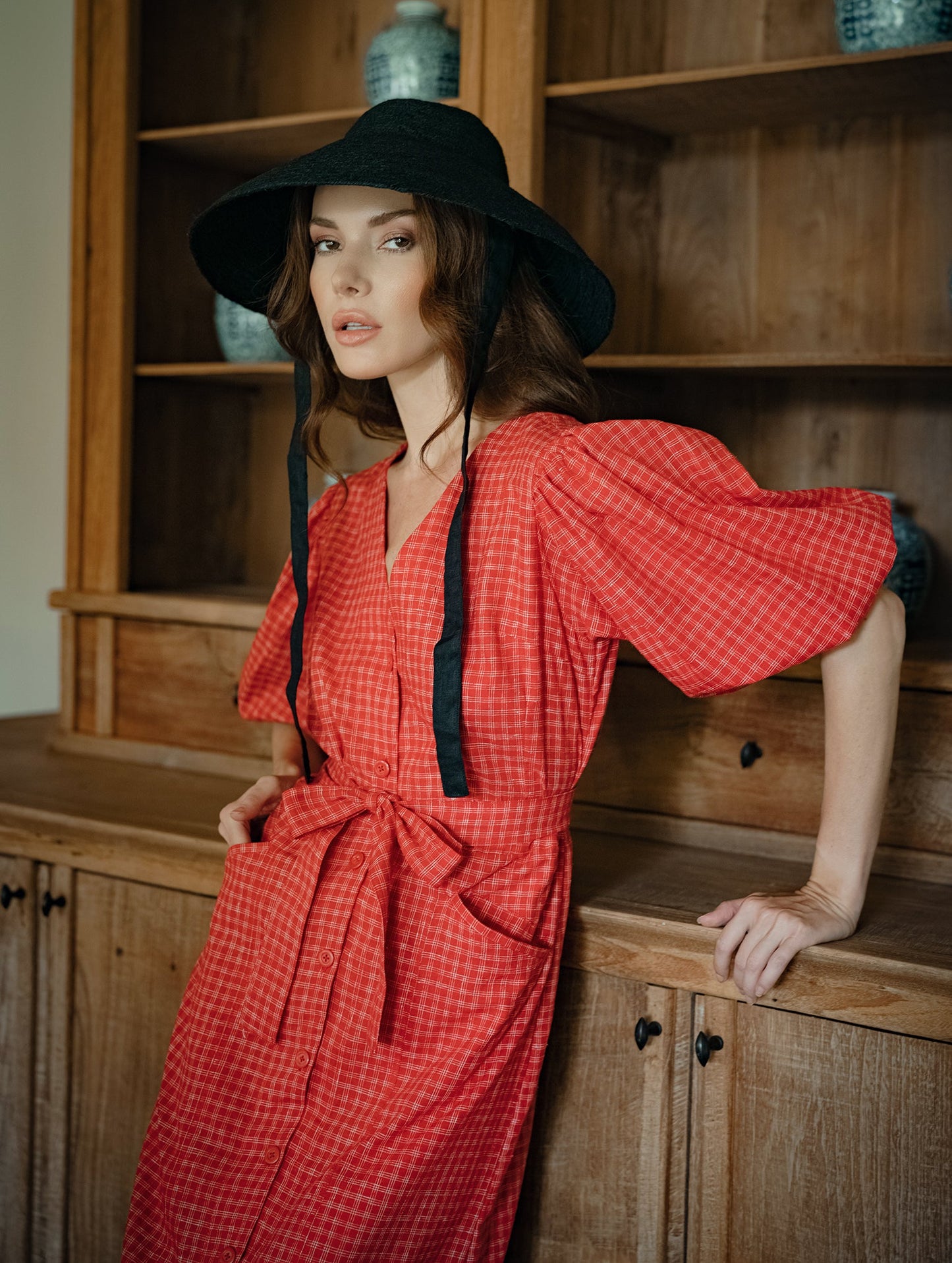 MEGHAN Gingham Hemp Midi Dress in Scarlet Red