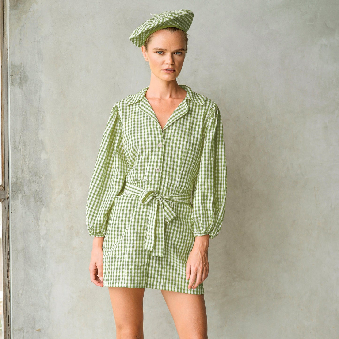 The Meghan Mini Gingham Dress, in Olive Green
