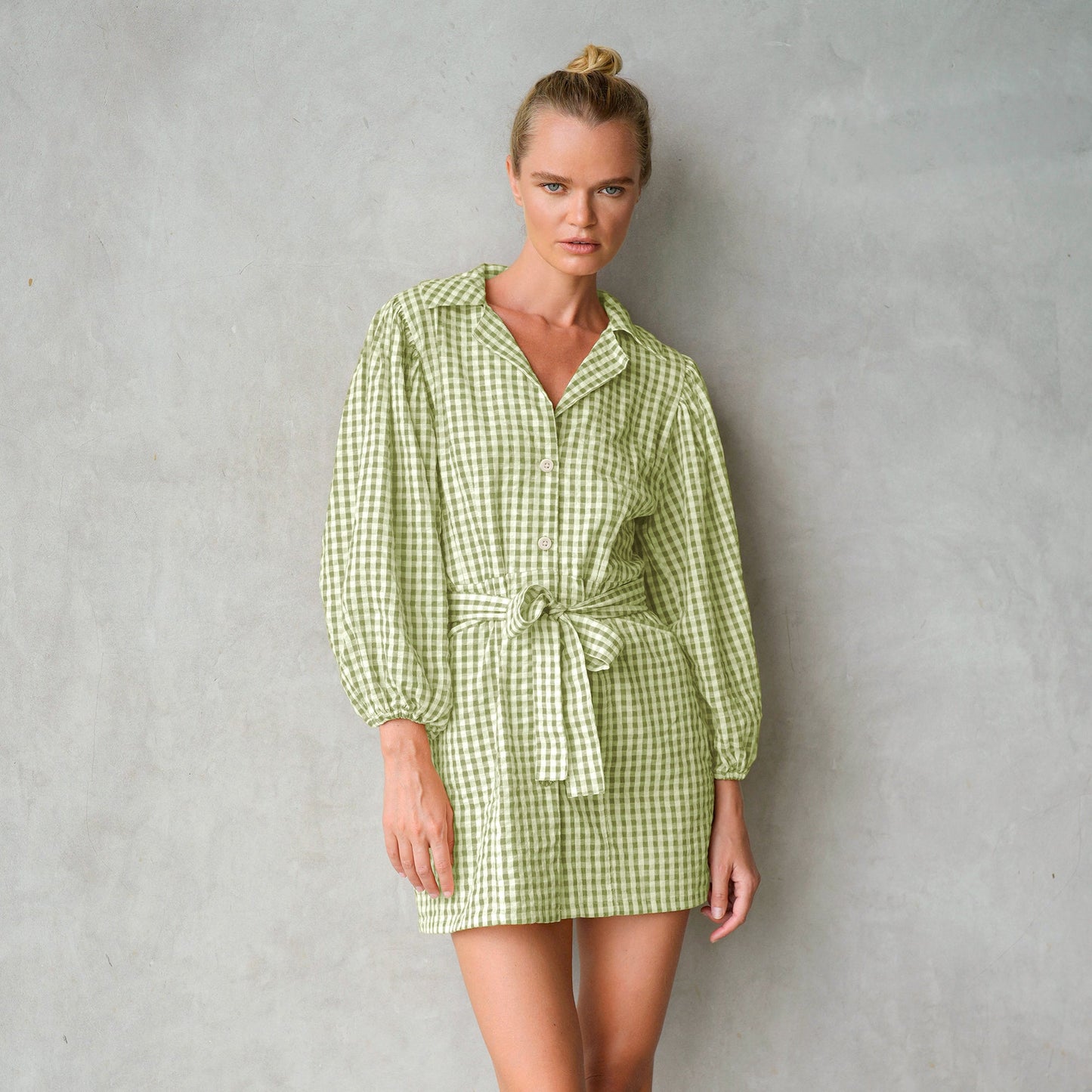 The Meghan Mini Gingham Dress, in Olive Green