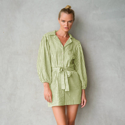 The Meghan Mini Gingham Dress, in Olive Green
