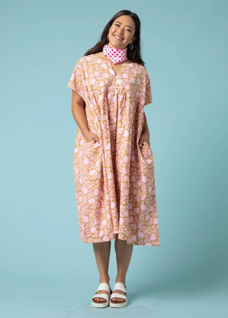 Meadow Dress -                                      Floral Escape in Baked Clay & Neon Pink by And For Good And For Good