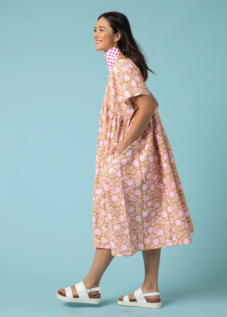 Meadow Dress -                                      Floral Escape in Baked Clay & Neon Pink by And For Good And For Good