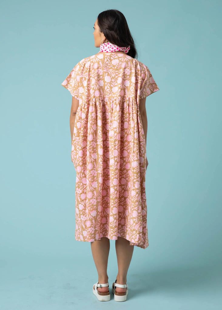 Meadow Dress -                                      Floral Escape in Baked Clay & Neon Pink by And For Good And For Good