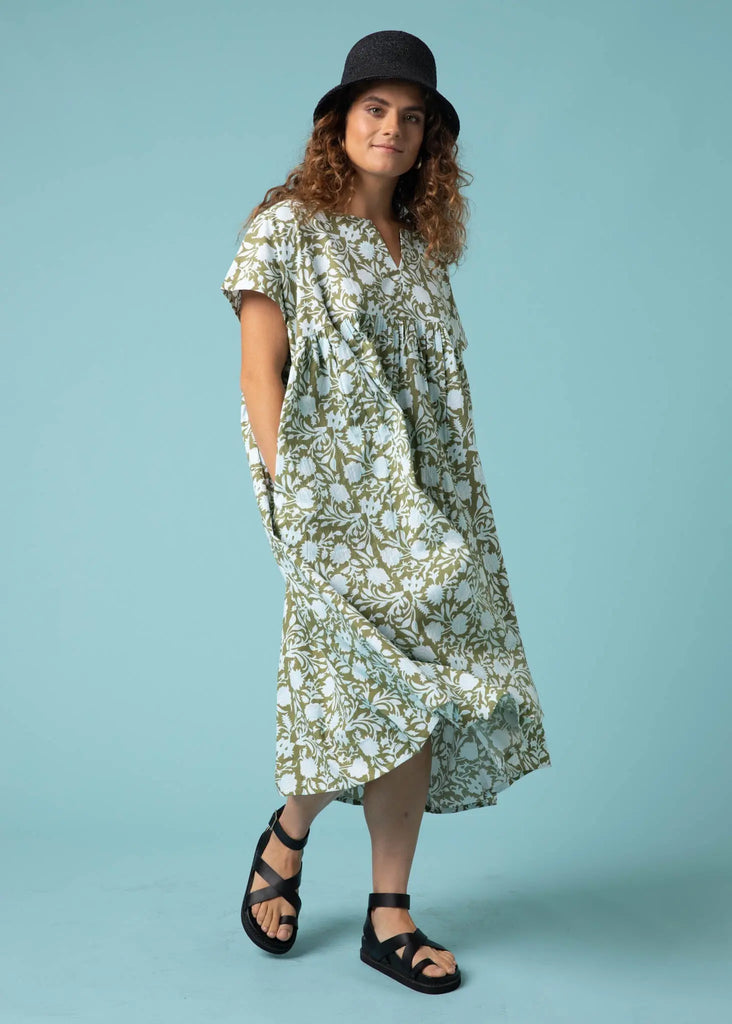 Meadow Dress -                                      Floral Escape in Olive Oil & Cerulean by And For Good And For Good