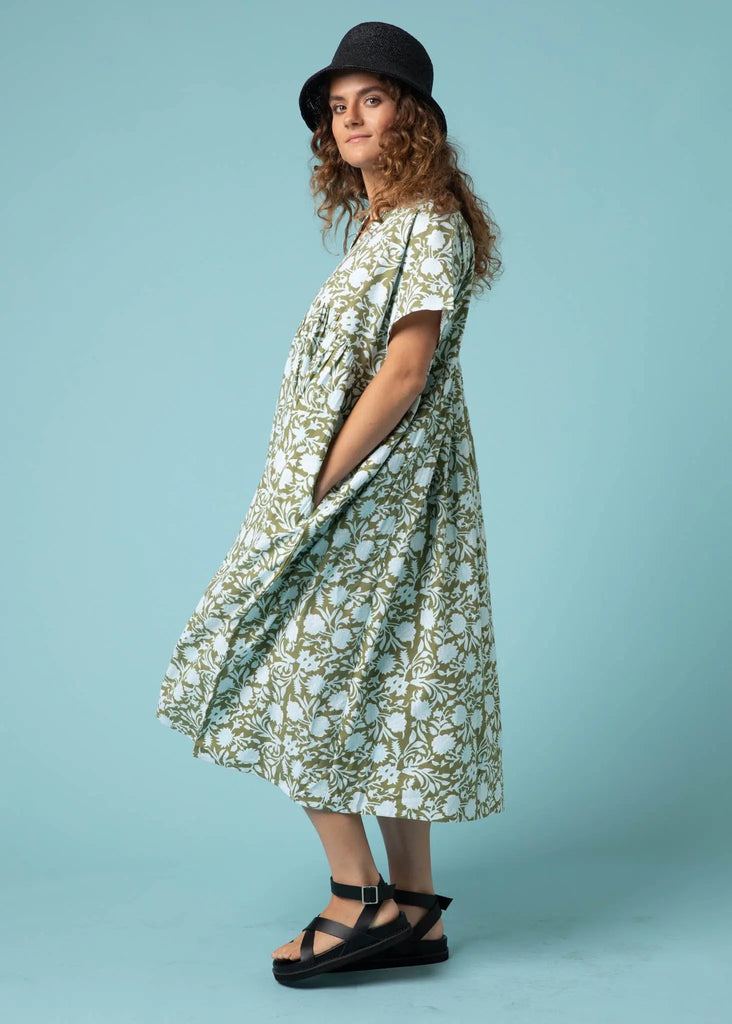 Meadow Dress -                                      Floral Escape in Olive Oil & Cerulean by And For Good And For Good