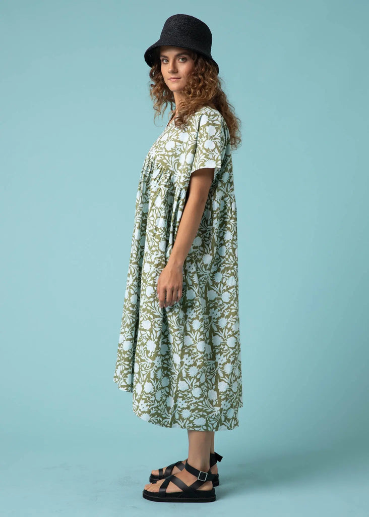 Meadow Dress -                                      Floral Escape in Olive Oil & Cerulean by And For Good And For Good