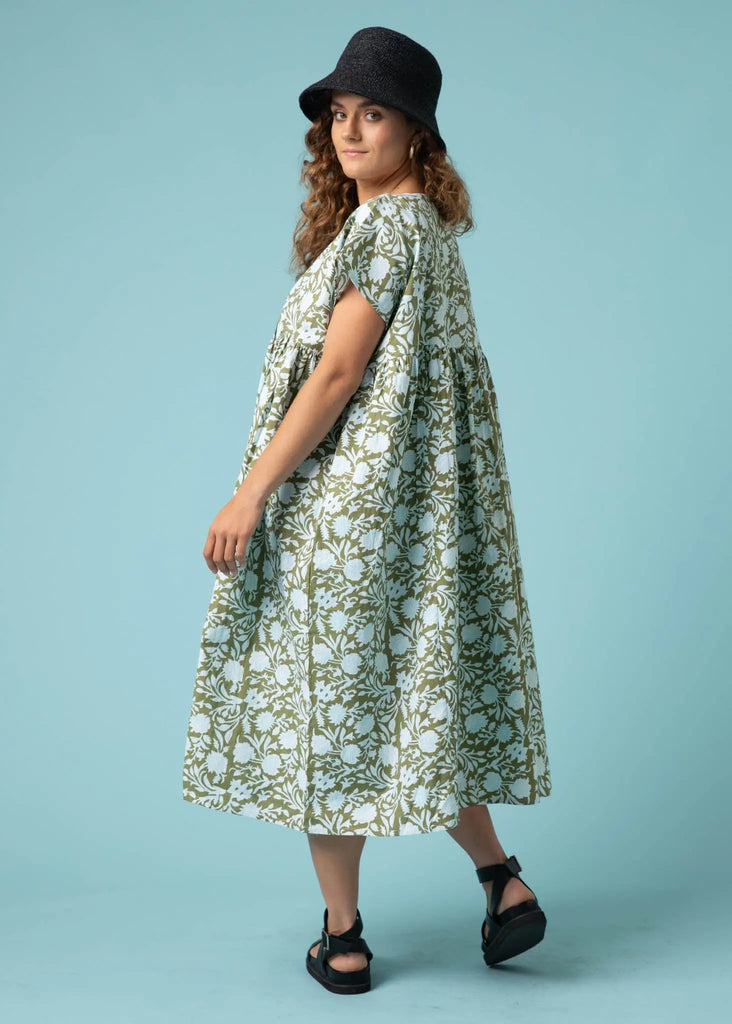 Meadow Dress -                                      Floral Escape in Olive Oil & Cerulean by And For Good And For Good
