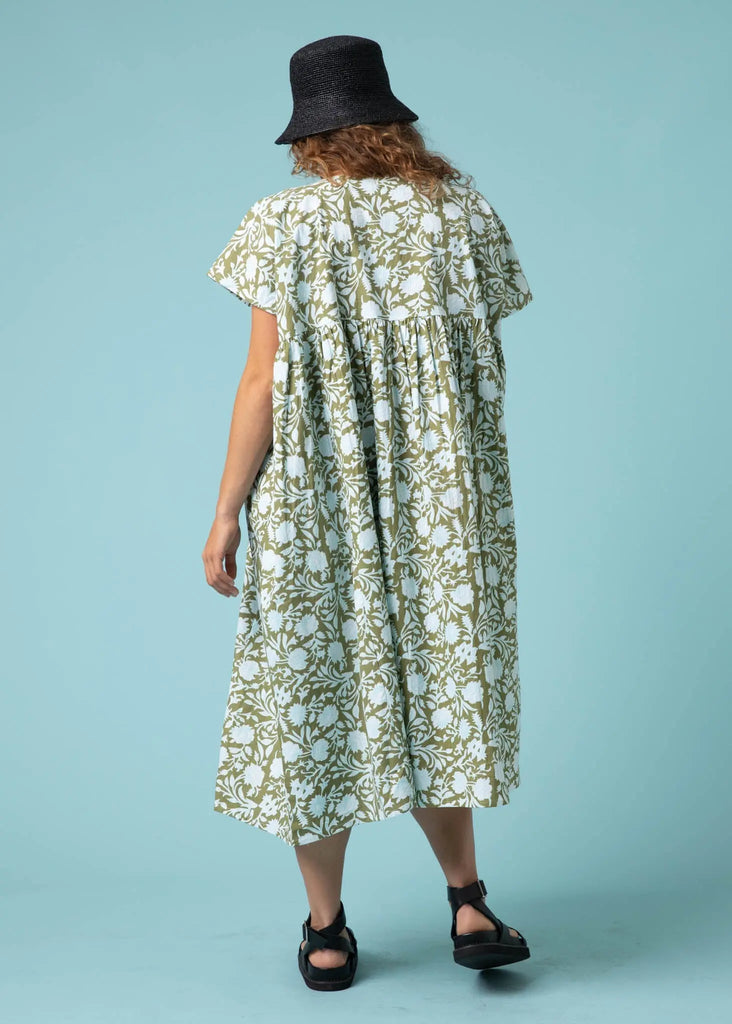Meadow Dress -                                      Floral Escape in Olive Oil & Cerulean by And For Good And For Good