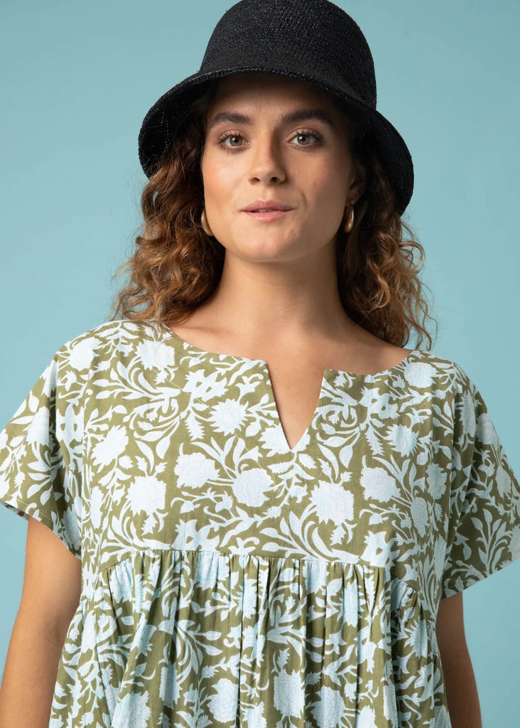 Meadow Dress -                                      Floral Escape in Olive Oil & Cerulean by And For Good And For Good