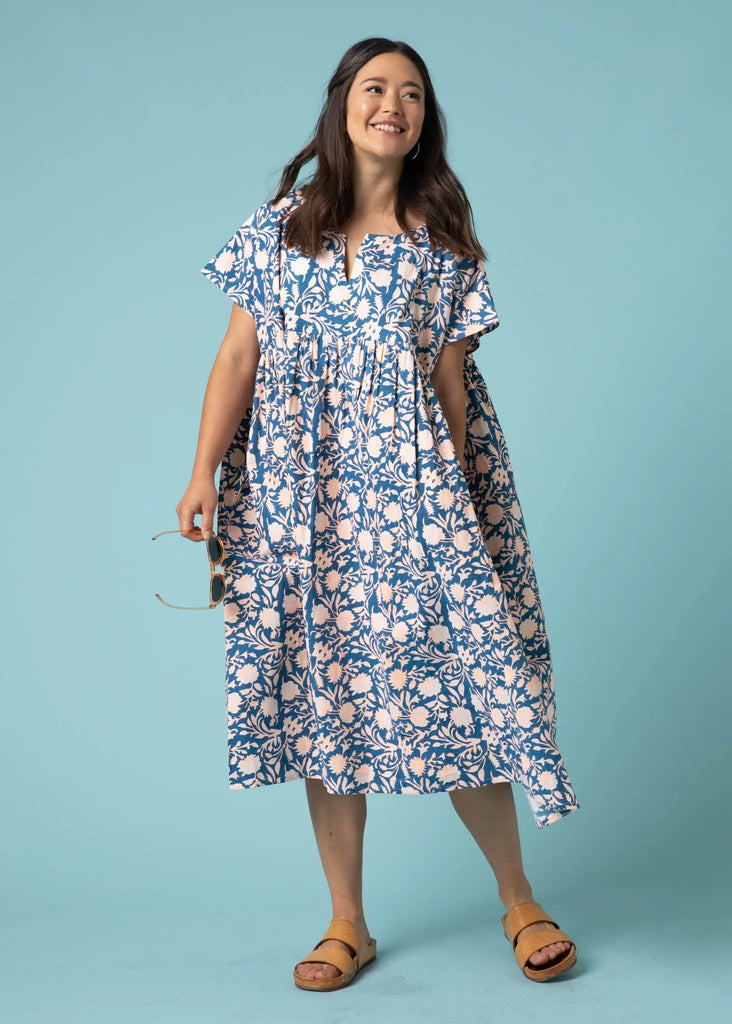 Meadow Dress -                                      Floral Escape in True Navy & Neon Peach by And For Good And For Good