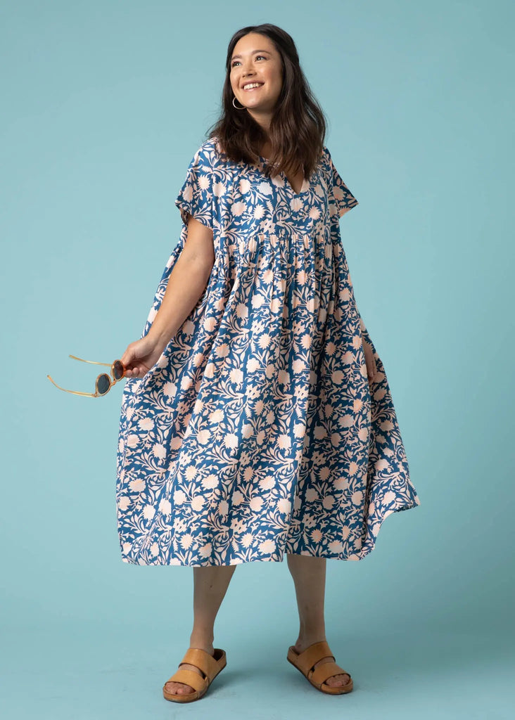 Meadow Dress -                                      Floral Escape in True Navy & Neon Peach by And For Good And For Good