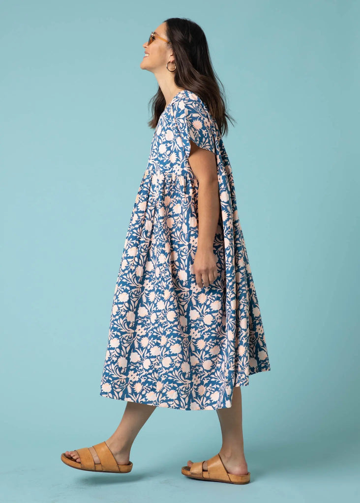 Meadow Dress -                                      Floral Escape in True Navy & Neon Peach by And For Good And For Good