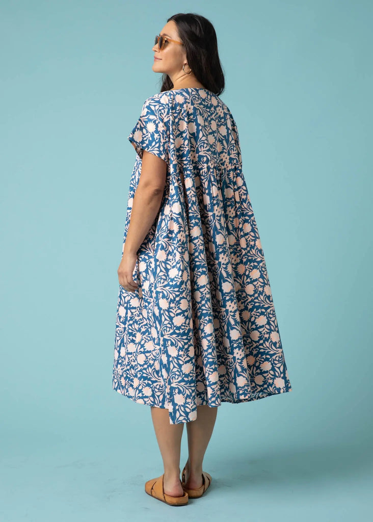 Meadow Dress -                                      Floral Escape in True Navy & Neon Peach by And For Good And For Good