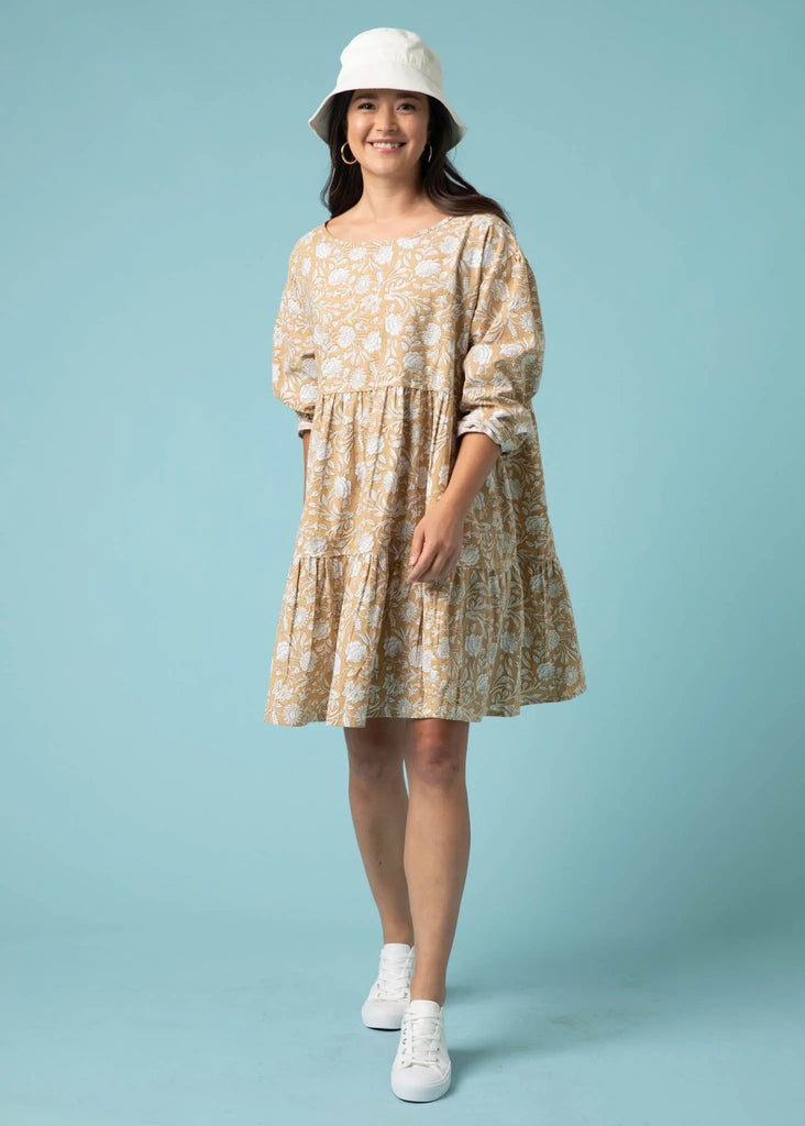 Meadow Tiered Short Dress - Floral Escape in Baked Clay & Olive Oil by And For Good And For Good