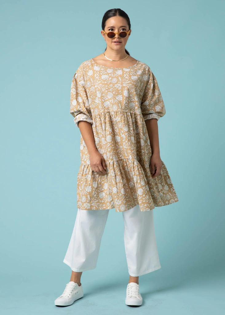 Meadow Tiered Short Dress - Floral Escape in Baked Clay & Olive Oil by And For Good And For Good