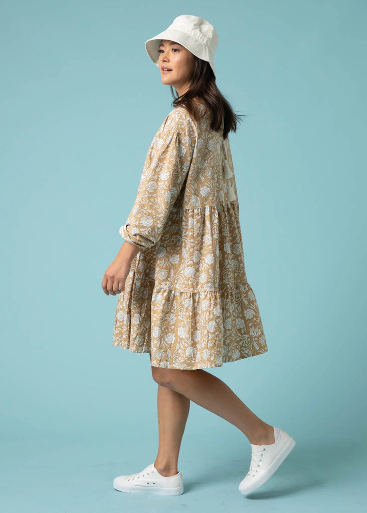 Meadow Tiered Short Dress - Floral Escape in Baked Clay & Olive Oil by And For Good And For Good
