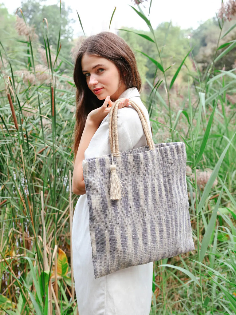 Nadi Jute Canvas Tote Bag - Blue by KORISSA KORISSA