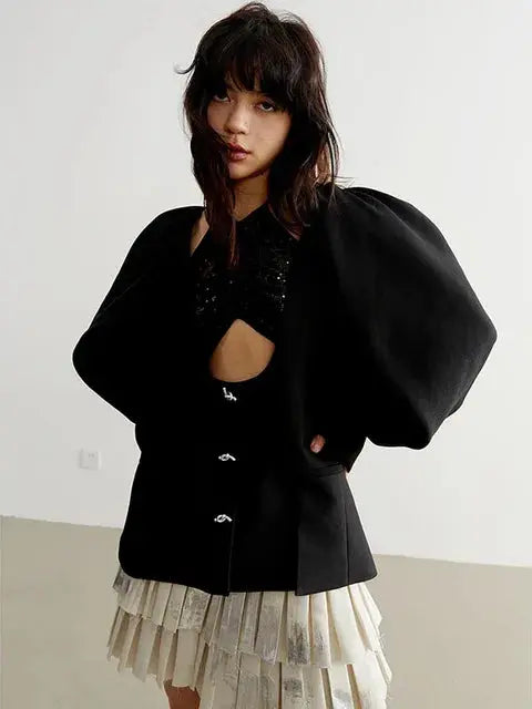 Nandy Puff Sleeve Cut-Out Coat by Marigold Shadows Marigold Shadows