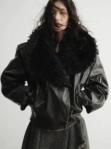 Nunce Vegan Wool Collar Motorcycle Jacket by Marigold Shadows Marigold Shadows