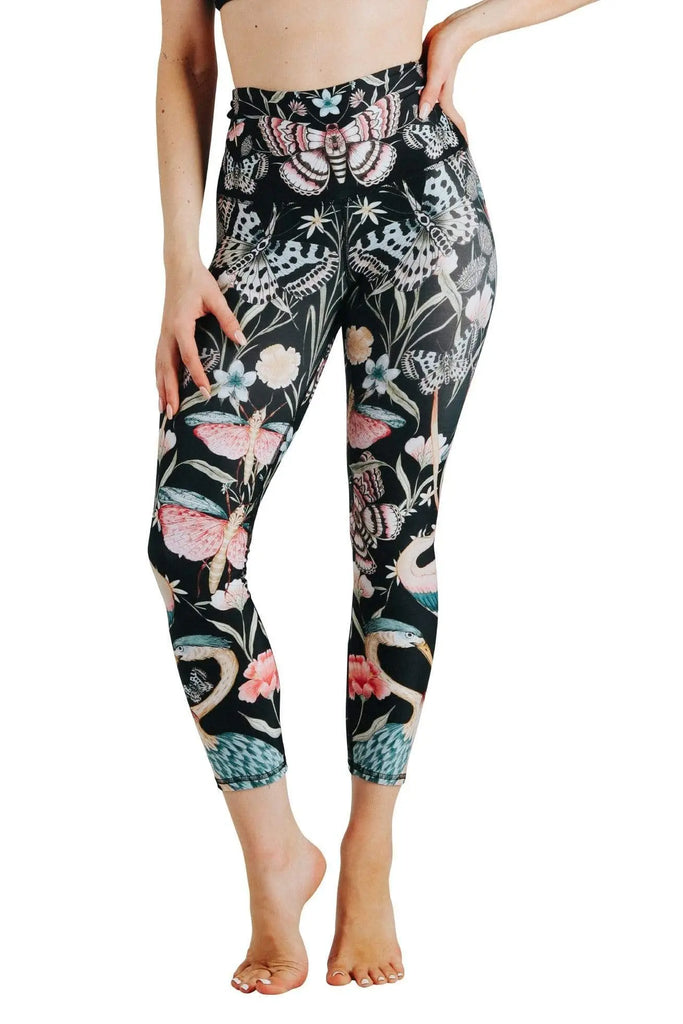 Pretty In Black Printed Yoga Crops by Yoga Democracy Yoga Democracy