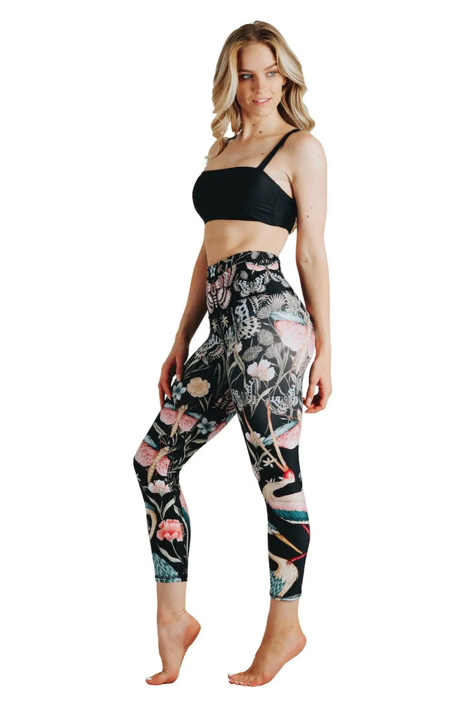 Pretty In Black Printed Yoga Crops by Yoga Democracy Yoga Democracy