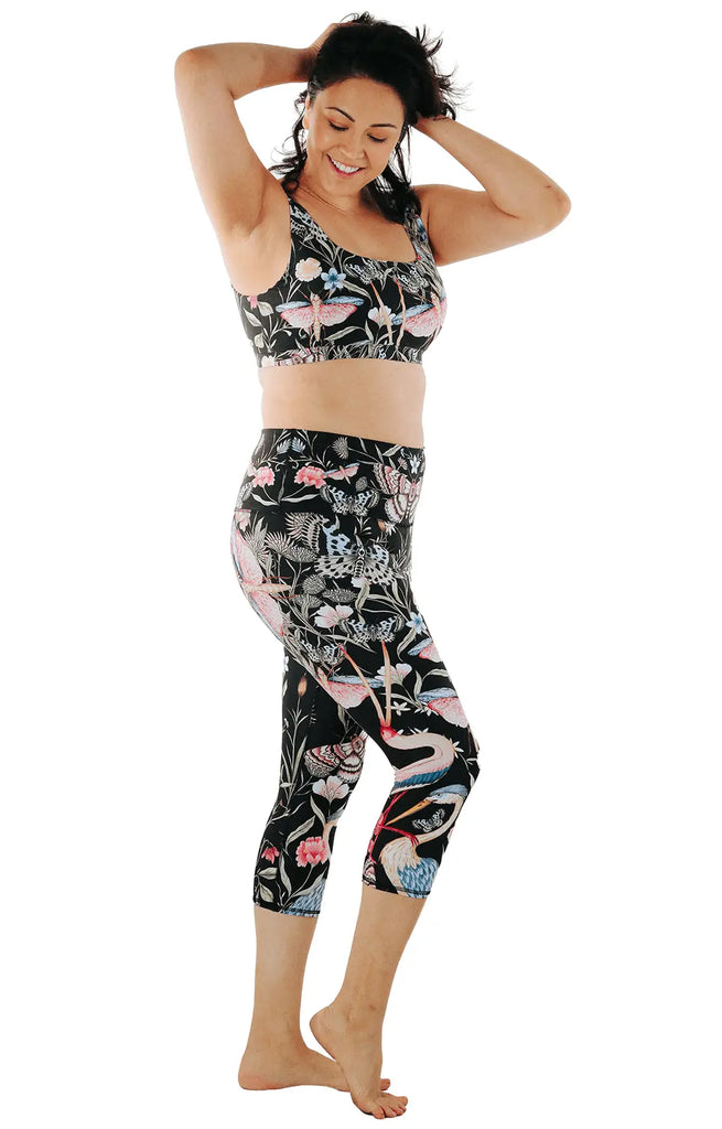 Pretty In Black Printed Yoga Crops by Yoga Democracy Yoga Democracy