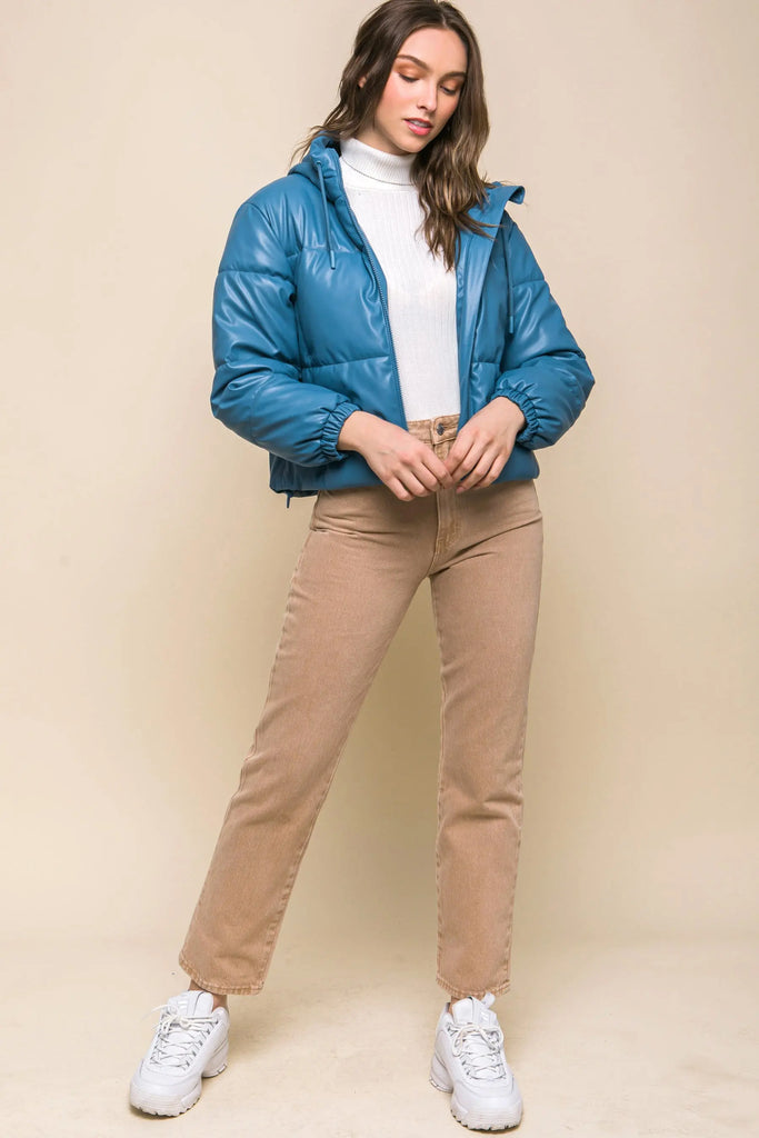 Pu Faux Leather Zipper Hooded Puffer Jacket by VYSN VYSN