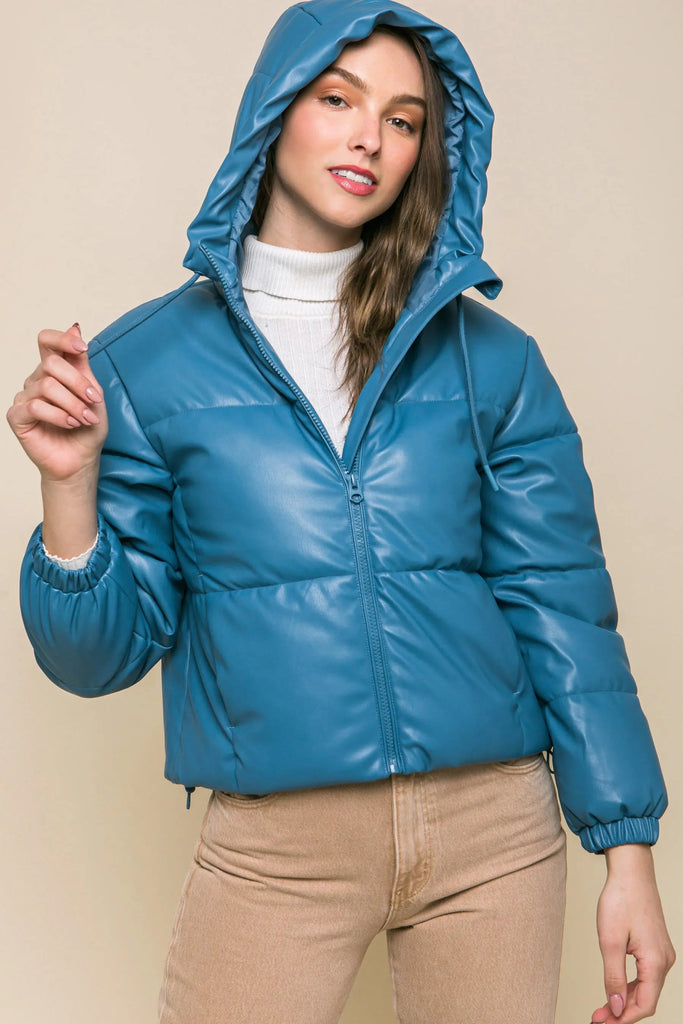 Pu Faux Leather Zipper Hooded Puffer Jacket by VYSN VYSN