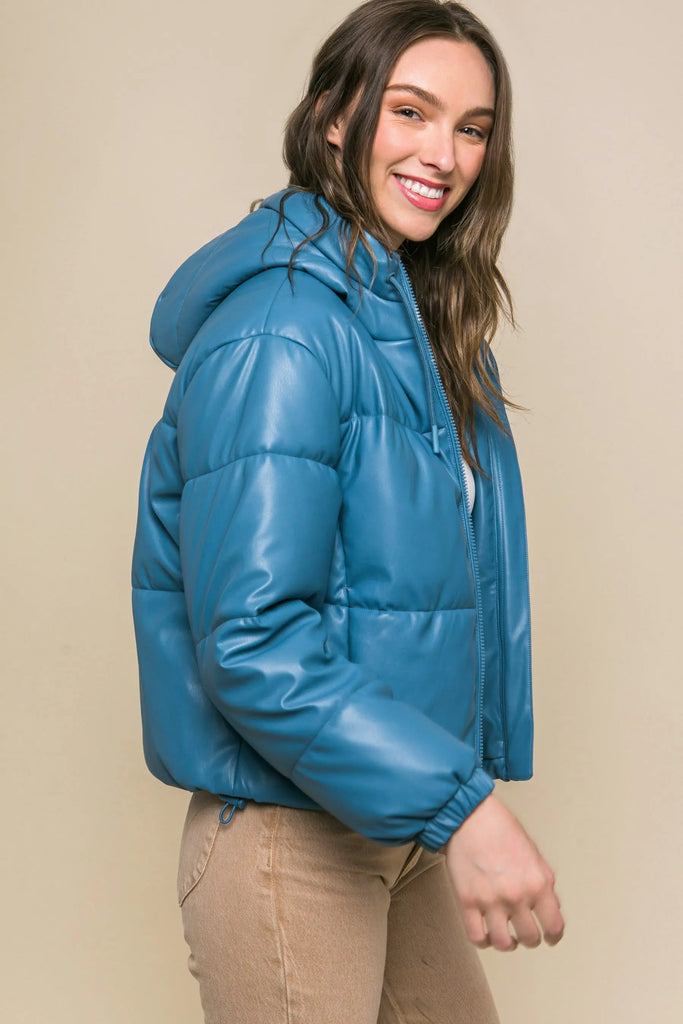 Pu Faux Leather Zipper Hooded Puffer Jacket by VYSN VYSN