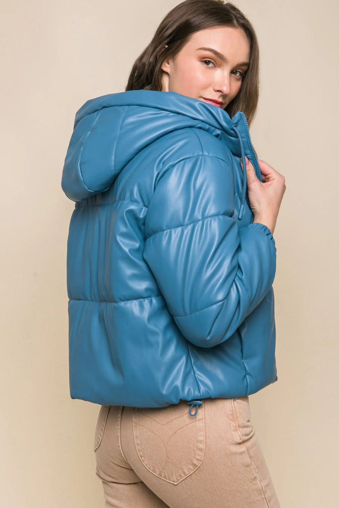 Pu Faux Leather Zipper Hooded Puffer Jacket by VYSN VYSN
