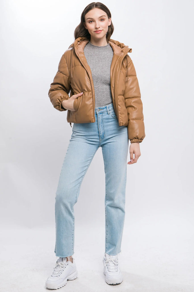 Pu Faux Leather Zipper Hooded Puffer Jacket by VYSN VYSN