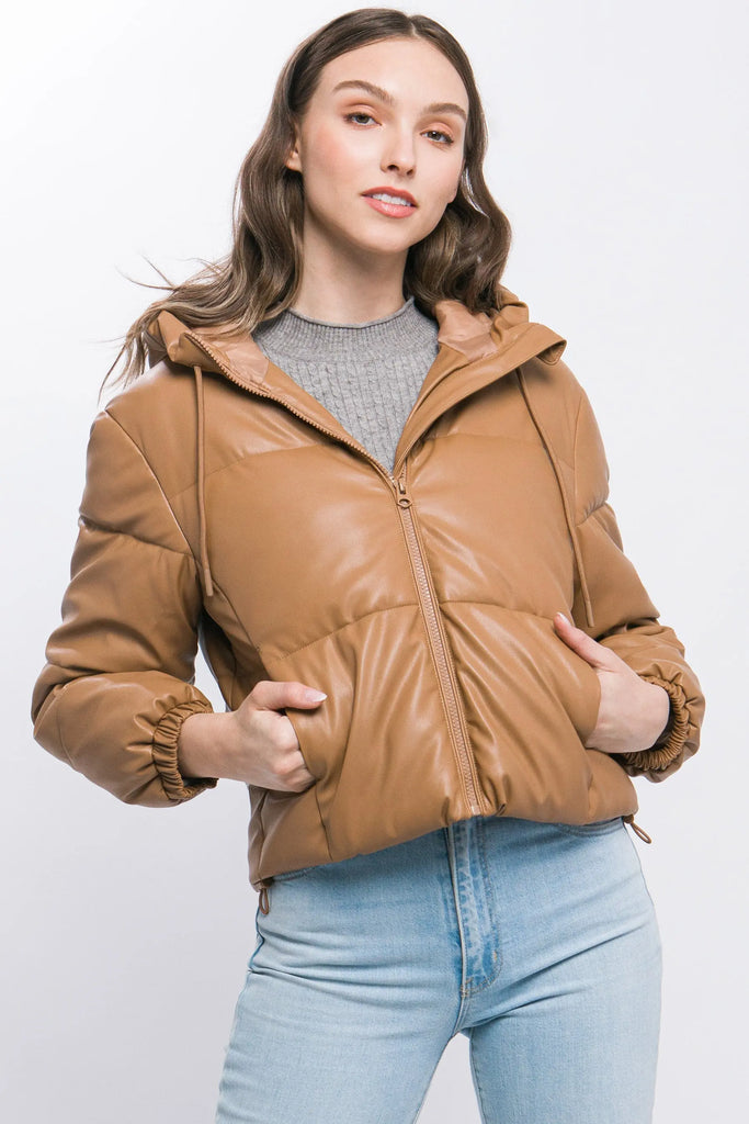 Pu Faux Leather Zipper Hooded Puffer Jacket by VYSN VYSN