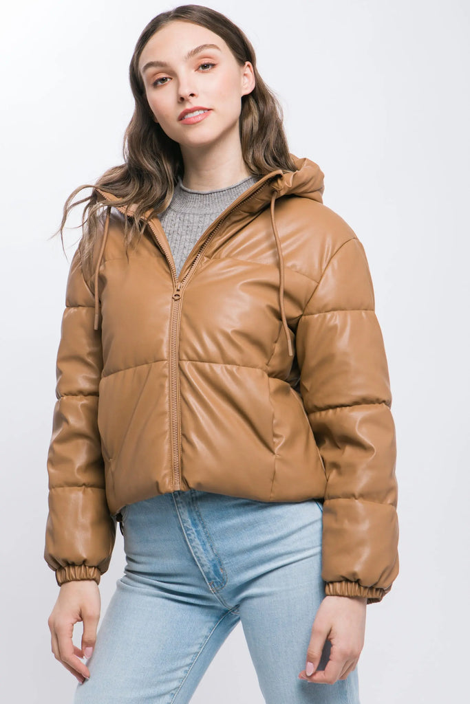 Pu Faux Leather Zipper Hooded Puffer Jacket by VYSN VYSN