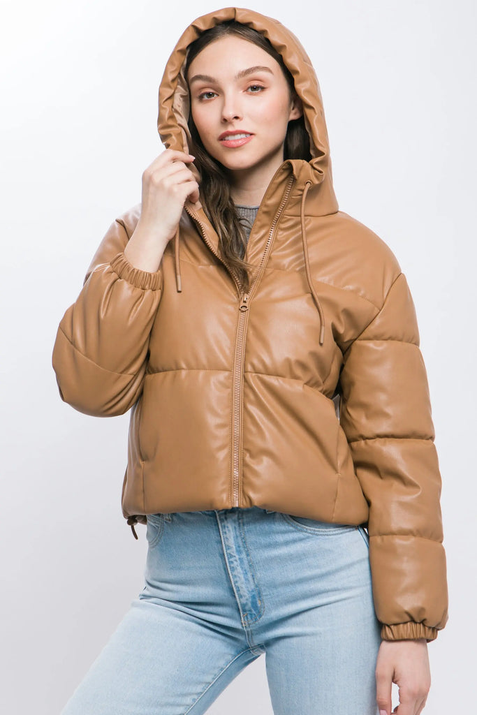 Pu Faux Leather Zipper Hooded Puffer Jacket by VYSN VYSN
