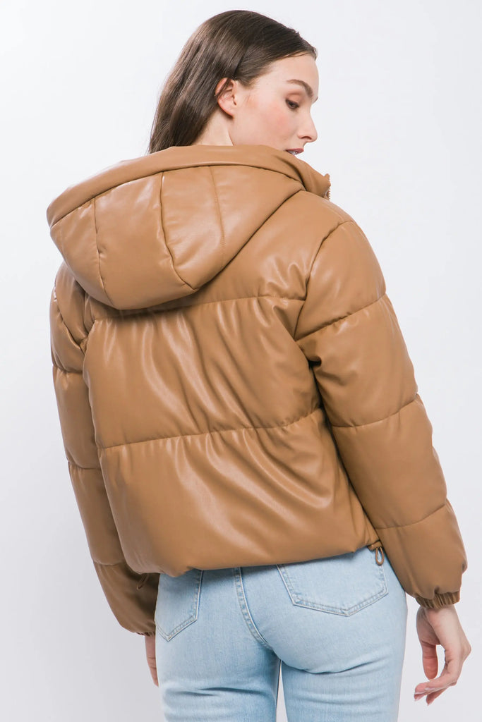 Pu Faux Leather Zipper Hooded Puffer Jacket by VYSN VYSN