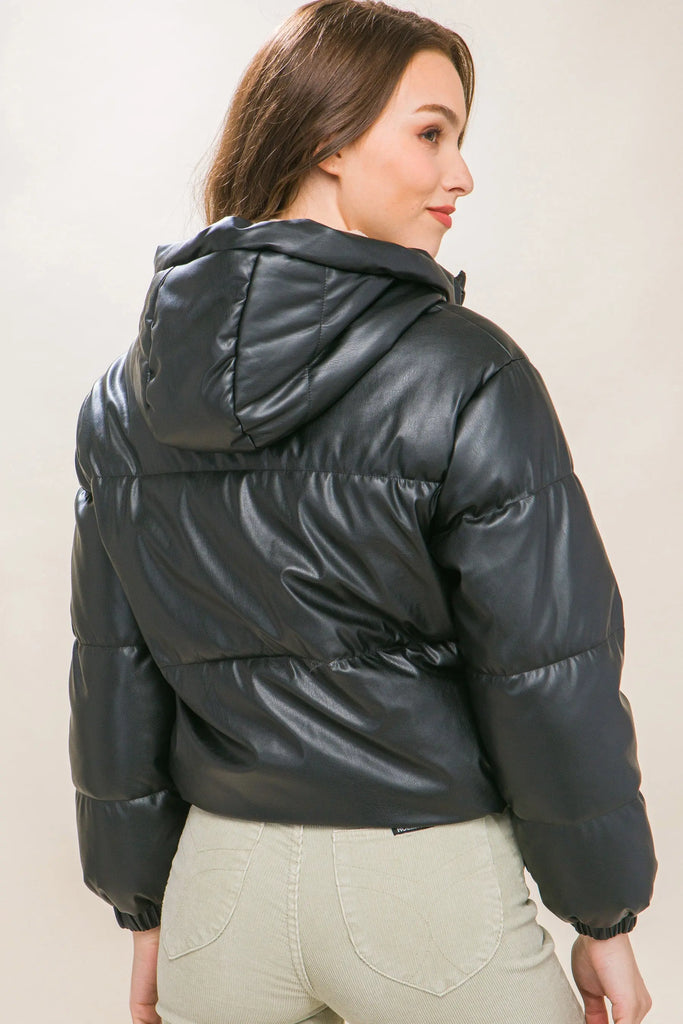 Pu Faux Leather Zipper Hooded Puffer Jacket by VYSN VYSN