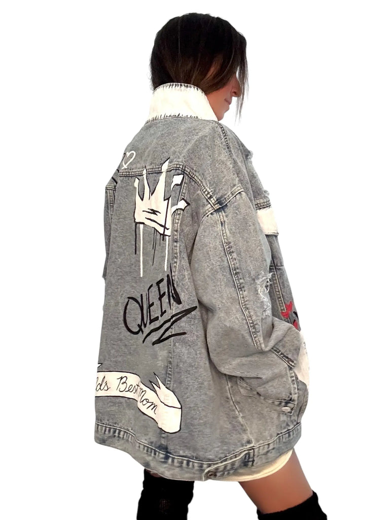 'Queen Mom' Painted Denim Jacket by Wren + Glory Wren + Glory