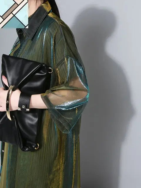 Reece Sheer Shimmer Shirt Dress - Gold Green by Marigold Shadows MARIGOLD SHADOWS