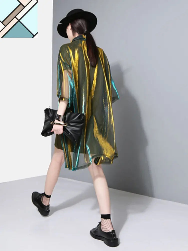 Reece Sheer Shimmer Shirt Dress - Gold Green by Marigold Shadows MARIGOLD SHADOWS