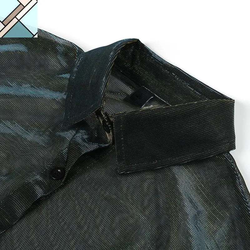 Reece Sheer Shimmer Shirt Dress - Gold Green by Marigold Shadows MARIGOLD SHADOWS