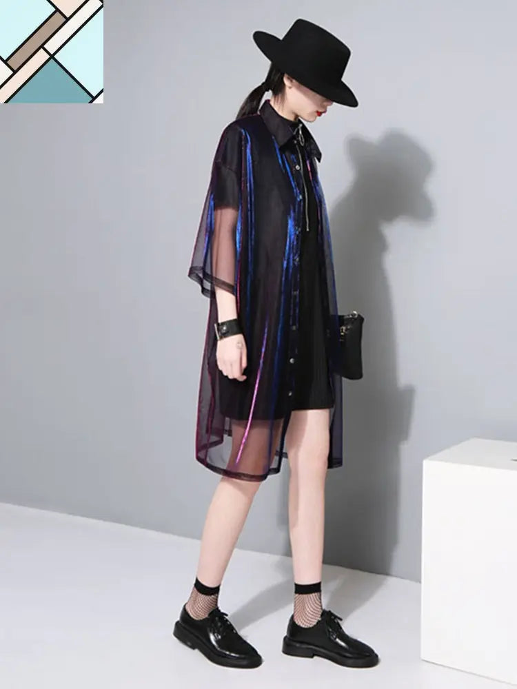 Reece Sheer Shimmer Shirt Dress - Rose Red Blue by Marigold Shadows MARIGOLD SHADOWS