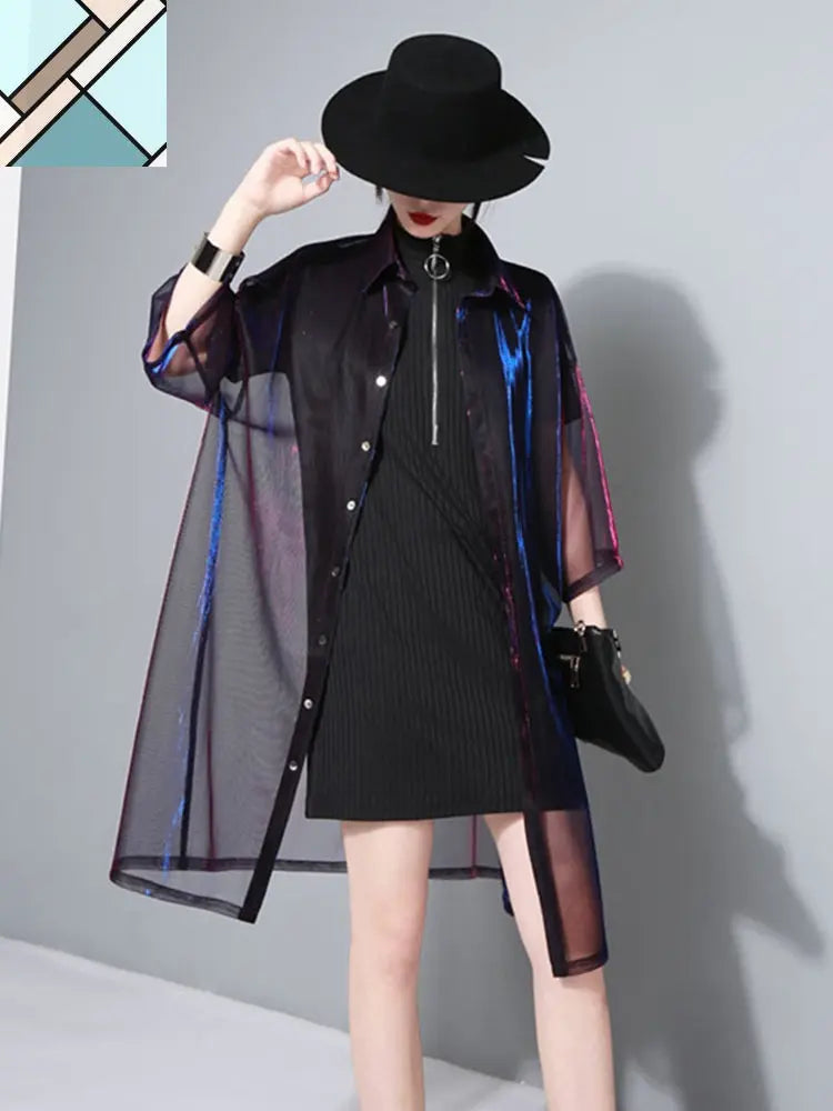 Reece Sheer Shimmer Shirt Dress - Rose Red Blue by Marigold Shadows MARIGOLD SHADOWS