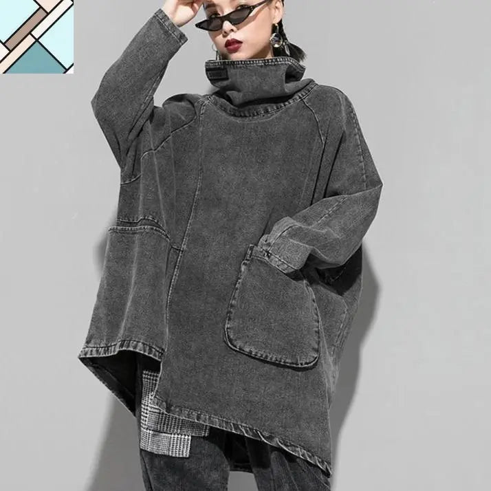 Reon Turtleneck Loose Denim Sweatshirt by Marigold Shadows MARIGOLD SHADOWS